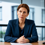 **

A professional woman in her late 40s, fully clothed in modest office attire, sitting at a desk, looking slightly frustrated. The background is a blurred modern office setting. The image should convey a sense of concern but remain safe for work and appropriate. Perfect anatomy, natural proportions, professional photography, high quality.

**