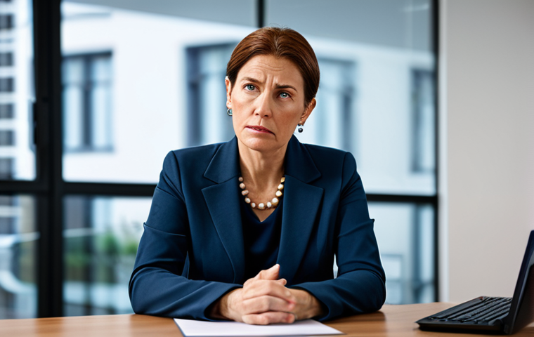 **

A professional woman in her late 40s, fully clothed in modest office attire, sitting at a desk, looking slightly frustrated. The background is a blurred modern office setting. The image should convey a sense of concern but remain safe for work and appropriate. Perfect anatomy, natural proportions, professional photography, high quality.

**